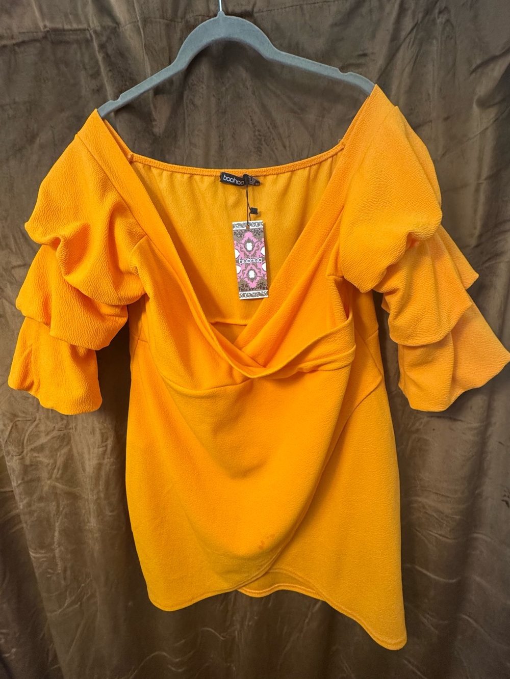 Boohoo Bright Orange One-Shoulder Ruffle Sleeve Mini Dress